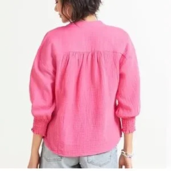 Evereve Eleanor Smocked Gauze Top 100% Cotton Bright Pink Tie V-Neck Blouse S - Picture 2 of 10